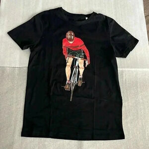 [M]White Roads  100 Organic Cotton Black S/S T Shirt with Cyclist Print- Italy